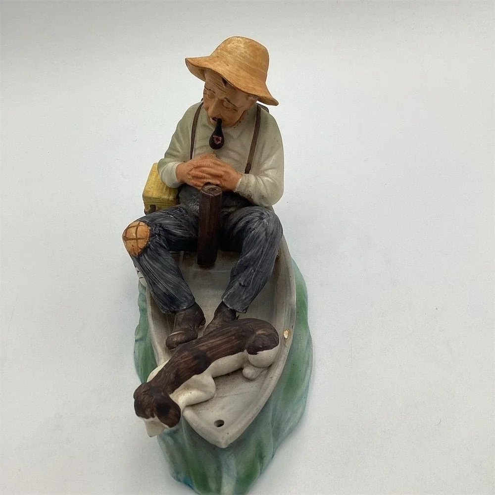 Vintage Ceramic Sleeping‎ Fisherman with Dog Figurine Nautical Decor